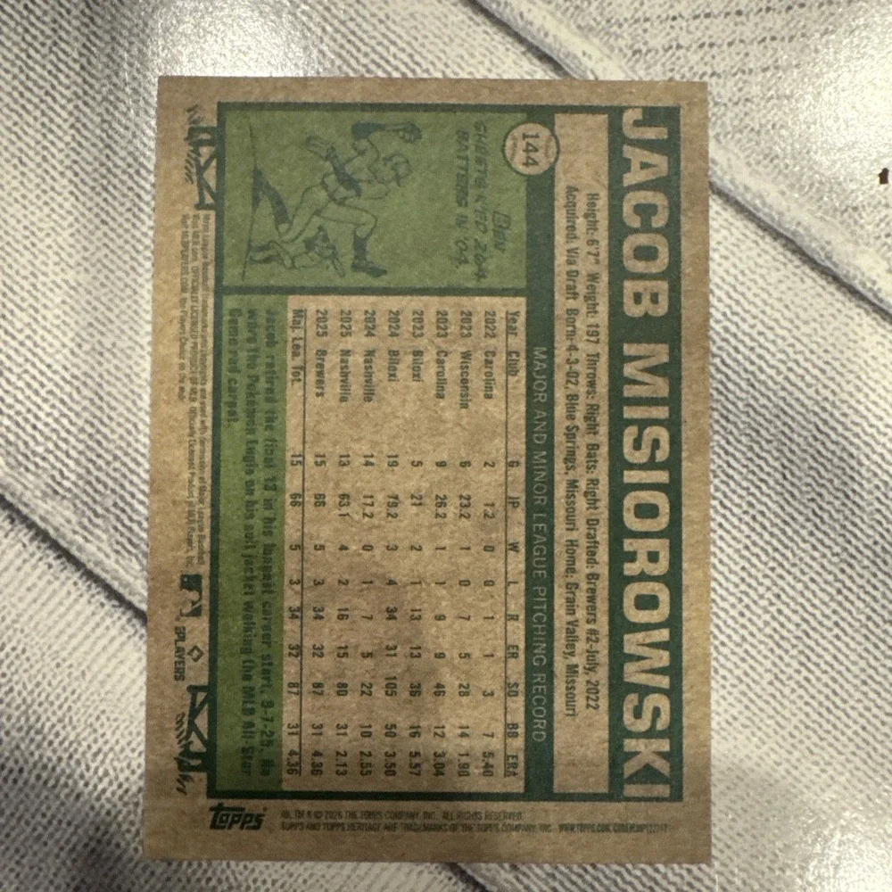 2026 Topps Heritage - Jacob Misiorowski #144 (RC)